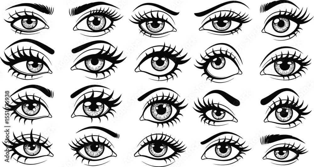 Stylized Black and White Eye Collection - Cartoon Vision Set