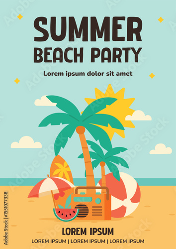 Colorful vector summer beach party poster template featuring tropical leaves, palm trees, ocean, watermelon, and festive layout for seasonal promotions.