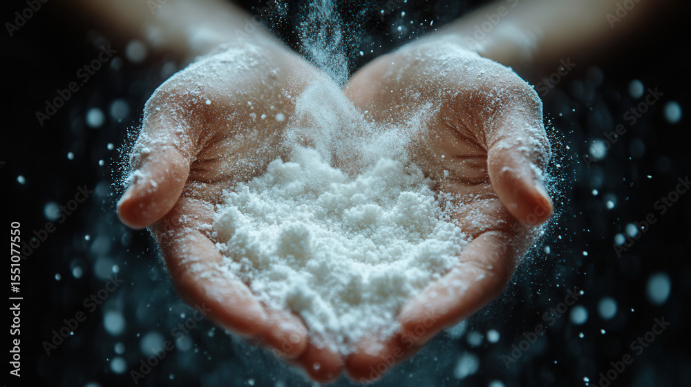Fototapeta premium suspended white powder between palms, frozen in explosive motion 