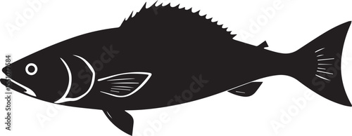 silhouette fish seabass on white background, vector illustration