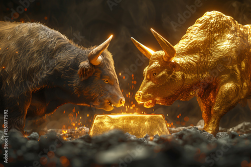 Bull and bear fighting on top of a giant gold bar, dramatic lighting, symbolizing market volatility, 3D realistic fantasy style