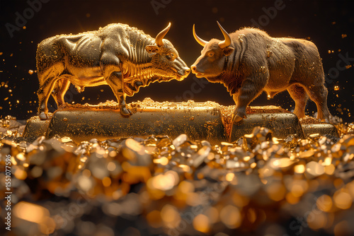 Bull and bear fighting on top of a giant gold bar, dramatic lighting, symbolizing market volatility, 3D realistic fantasy style