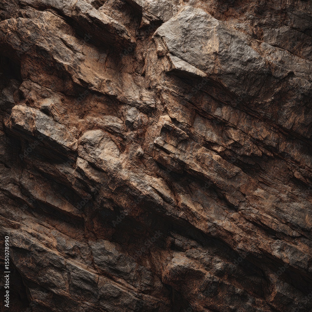 Close-up of a rugged, layered rock face with varying shades of brown and grey, showing texture and geological formations Close-up of a rugged, layered rock face with varying shades of brown and grey, showing texture and geological formations