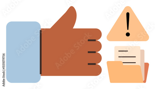Thumbs-up hand symbol next to triangular warning sign and opened folder with documents. Ideal for feedback, approval, alert, risk management, task prioritization, compliance, simple flat metaphor