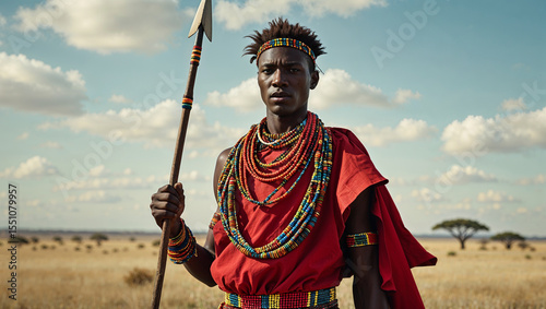 A strong portrait of an african maasai warrior in traditional attire and regalia