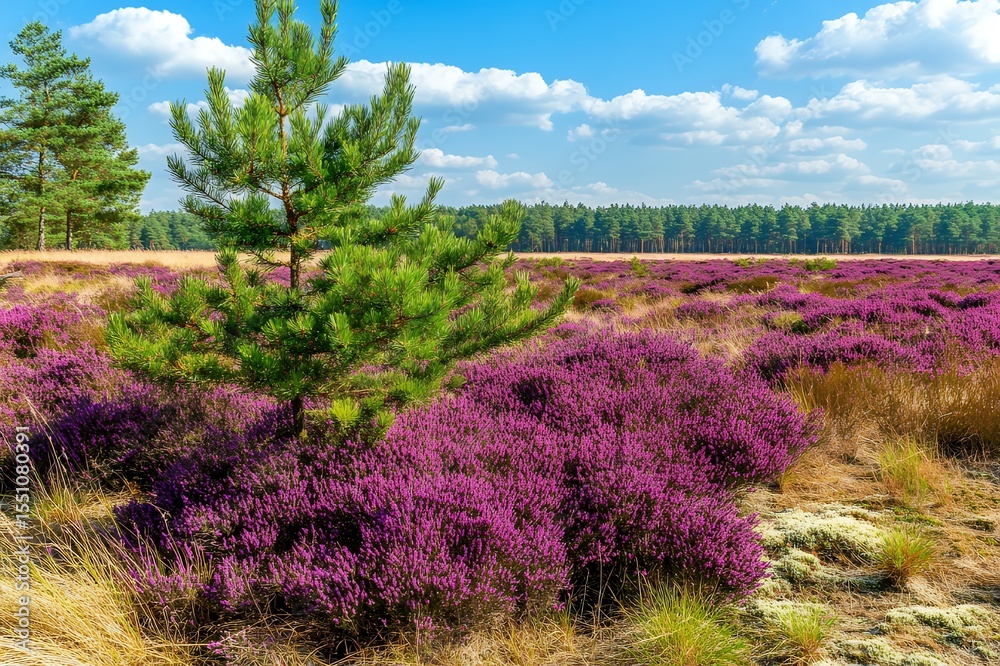 Obraz premium Serene Heather Landscape Young Pine Tree in Purple Blooming Heath Field under Blue Sky