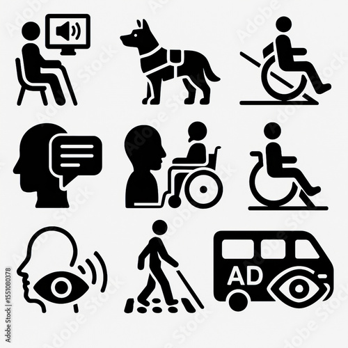 Black and white accessibility and disability icons featuring assistive listening, guide dog, wheelchair user, speech bubbles, hearing aid, cane user, and audio description bus in bold silhouette style