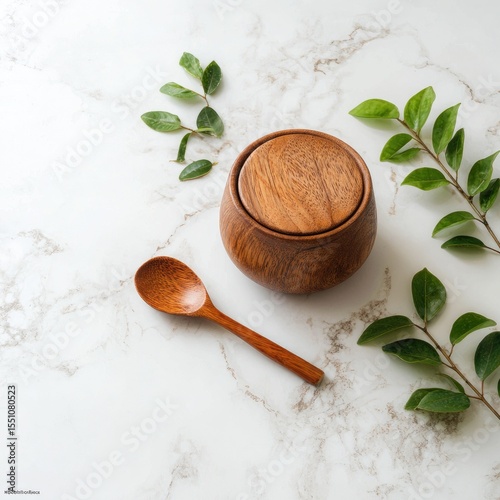 Wallpaper Mural A round wooden bowl with lid and matching spoon rests on a marble surface, adorned with green sprigs Torontodigital.ca