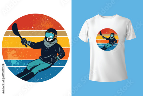 Ski winter sport vintage typography t shirt design with glasses and skier silhouette	