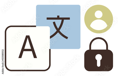 Letter A, character in blue square, user icon, and padlock emphasize language translation, secure identity, protection, accessibility, data privacy, user experience and multilingual design as