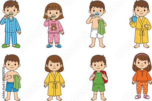 Adorable Cartoon Children Demonstrating Daily Routines: Brushing Teeth, Wearing Pajamas, Bathrobe, and Getting Ready for Schoo