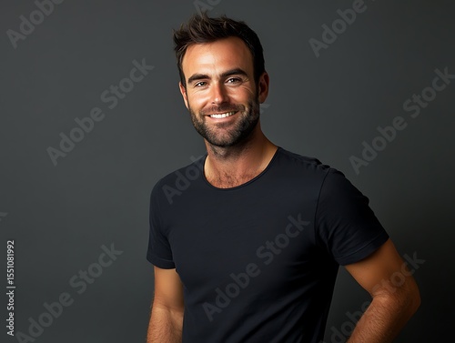 Portrait of a handsome man smiling confidently against a dark gray background