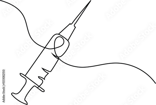 single line art of empty syringe for injection Medicine syringe , ready for vaccine injection , Cancer Treatment , Pain Treatment and can also be abused for an illegal use, healthcare