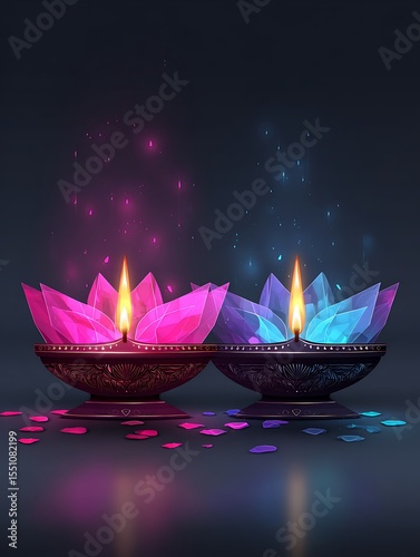 Two glowing lotus-shaped lamps