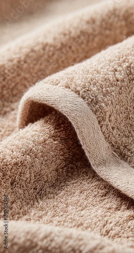 Close-up of a plush, light beige towel's textured surface and neatly finished hem