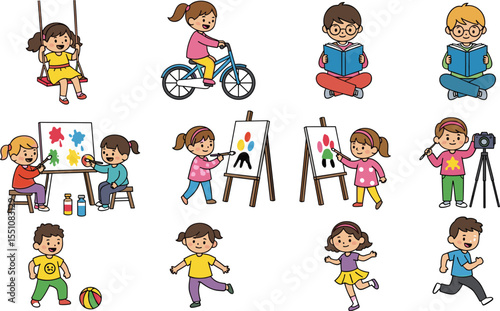 Adorable Cartoon Kids Engaging in Everyday Activities, Playtime, Learning, and Creativity