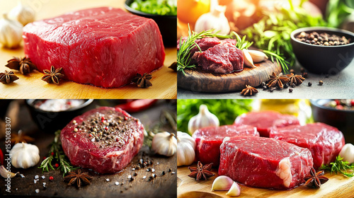 Premium Farm-Raised Beef Cuts – Fresh Marbled Steaks with Herbs and Spices for Butcher Shop Promotions, Culinary Blogs, and Gourmet Meat Advertising