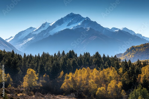 Majestic Snow capped Mountain Peak Overlooking Autumnal Forest Landscape