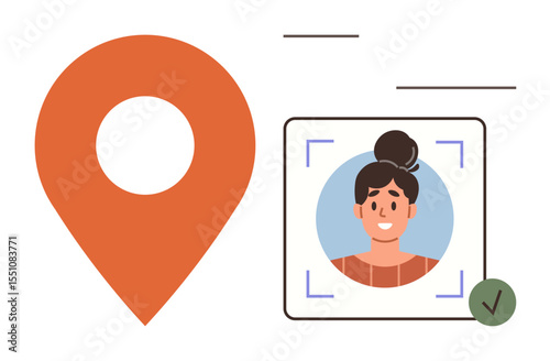 Orange location pin and profile photo framed for face identification with verification checkmark. Ideal for navigation, identity verification, technology, security, facial recognition, user profiles