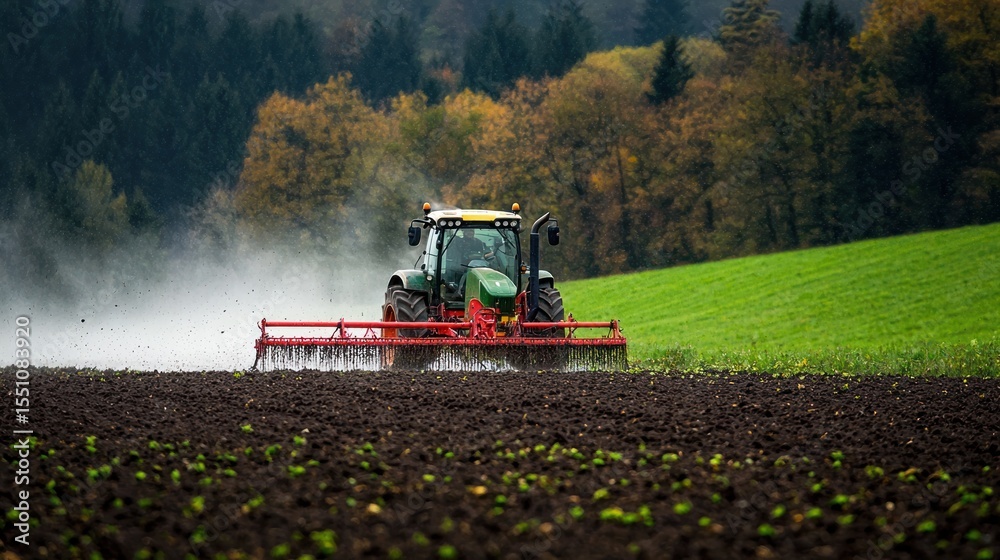 Fototapeta premium A tractor is driving across a field, leaving a trail of dust behind it.