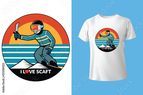 Ski winter sport vintage typography t shirt design with glasses and skier silhouette	
