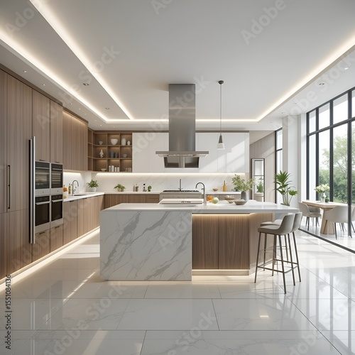 A beautifully detailed computer-generated image of an open-plan kitchen with a central island, integrated lighting, and a high-tech smart kitchen concept
