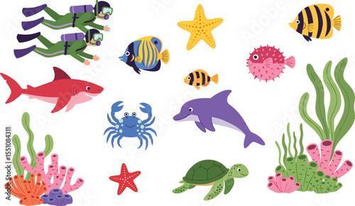 Colorful cartoon sea animals, marine life, coral reef, divers, underwater creatures, ocean nature illustration for kids and educational design

 flat vector illustration