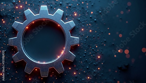 Metallic gear on blue background with glowing particles and texture, copy space  