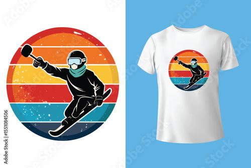 Ski winter sport vintage typography t shirt design with glasses and skier silhouette	