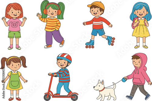 Happy cartoon kids walking, skating, riding scooter, walking dog, listening music, playing outdoors, wearing casual colorful clothes illustration

 flat vector illustration