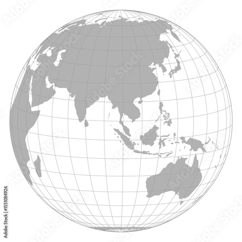 Grey world orthographic map with grid line view point on Asia  and Australia area. Vector Map Illustration.
