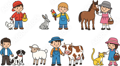  Cartoon kids interacting with farm animals, cow, horse, dog, rabbit, cat, rural life, countryside, vector illustration, agriculture scene

flat vector illustration