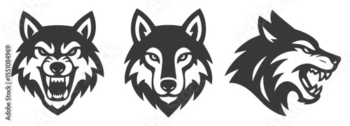 Wolf head logo icon symbol set. Angry, aggressive Wolf face silhouette. Vector illustration image. Isolated on white background.	