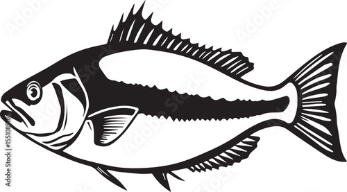 silhouette fish seabass on white background, vector illustration