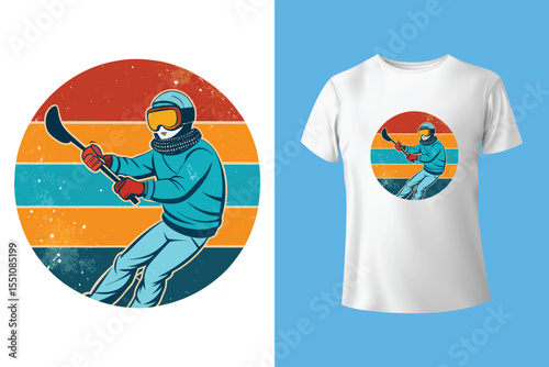 Ski winter sport vintage typography t shirt design with glasses and skier silhouette	