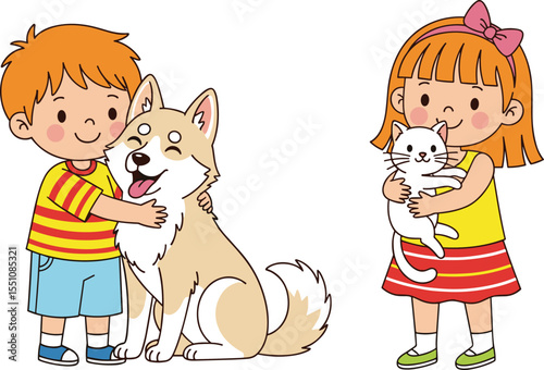 Cartoon children hugging dog and cat, cute pets with kids, happy boy and girl playing, love animals, pet care scene

 flat vector illustration
