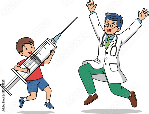 Funny cartoon of child holding large syringe, chasing doctor, humorous medical scene, vaccination concept, healthcare, pediatric, immunization, cartoon illustration