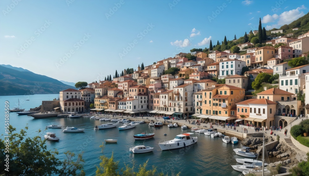 Fototapeta premium Scenic Elevated View of Assos Harbour in Kefalonia – Colorful Houses, Azure Waters, and Charming Architecture in the Idyllic Ionian Greek Island Landscape