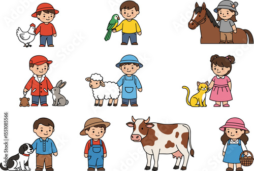 Cartoon farm kids with animals, cute children playing with pets, rural life, countryside illustration, domestic animals, farm vector art

 flat vector illustration
