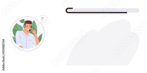 Male customer support agent wearing headset with speech bubble, neutral workspace elements. Ideal for customer service, communication, assistance, teamwork, remote work, support roles, simple flat