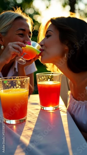 Friends enjoying refreshing summer cocktails at outdoor table in warm sunset light. Relaxed social gathering and celebration. Sun flare through juice glasses creates rainbow prisms on linen napkins.
