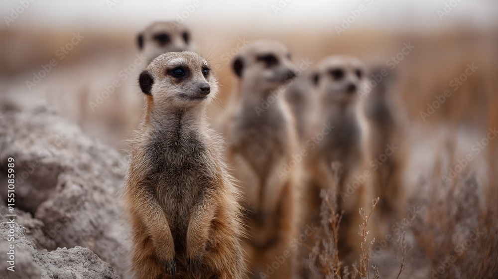 Fototapeta premium A group of meerkats standing alert in an arid desert with termite mounds
