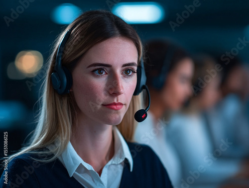 Focused female customer service representative wearing headset, working call center environment with colleagues background