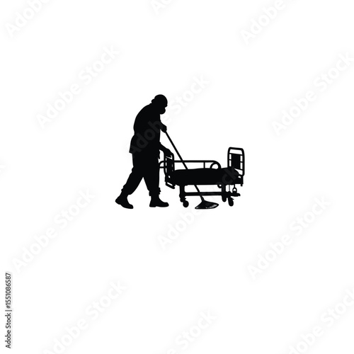 Silhouette of a janitor cleaning hospital floors in protective gear on white background