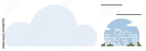 Shopping mall enclosed in a stylized cloud symbolizing innovation, online retail, future trends, and connectivity. Ideal for e-commerce, cloud technology, innovation, marketing, retail urban