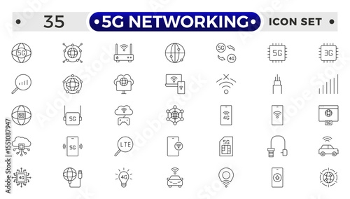 5G networking icons set. Set of communication tower, satellite dish, antenna, 3G, 4G network, wifi access point, pigtail, LTE usb modem, mast, signal, sim card, internet router, optical fiber.