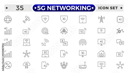 5G networking icons set. Set of communication tower, satellite dish, antenna, 3G, 4G network, wifi access point, pigtail, LTE usb modem, mast, signal, sim card, internet router, optical fiber.