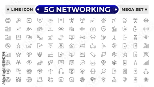 5G networking icons set. Set of communication tower, satellite dish, antenna, 3G, 4G network, wifi access point, pigtail, LTE usb modem, mast, signal, sim card, internet router, optical fiber.