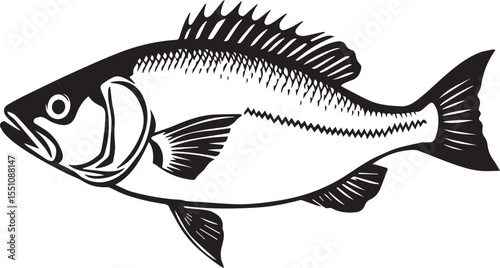 silhouette fish seabass on white background, vector illustration