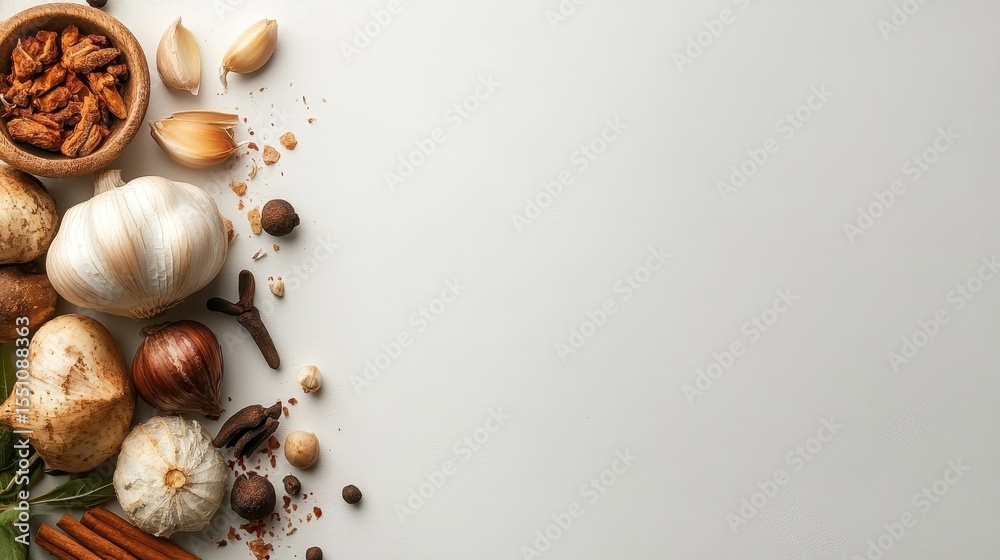 Obraz premium An artful arrangement of fresh culinary ingredients, including garlic, mushrooms, and spices, ideal for showcasing the essence of cooking, creativity, and gastronomy.